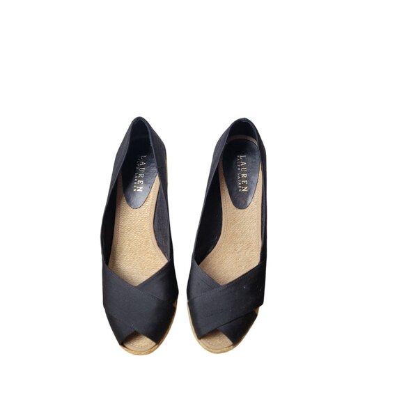Lauren Ralph Lauren Cecilia Black Shantung Wedge Espadrille Shoes Size 10B With - Picture 5 of 15